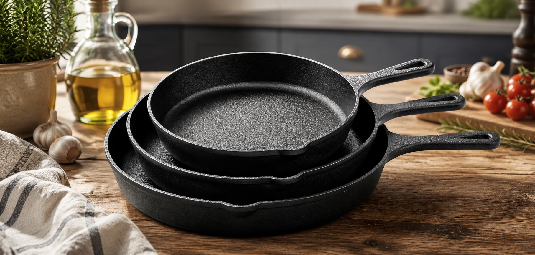 Three Utopia Kitchen cast iron skillets stacked on a rustic wooden counter with herbs, olive oil and tomatoes